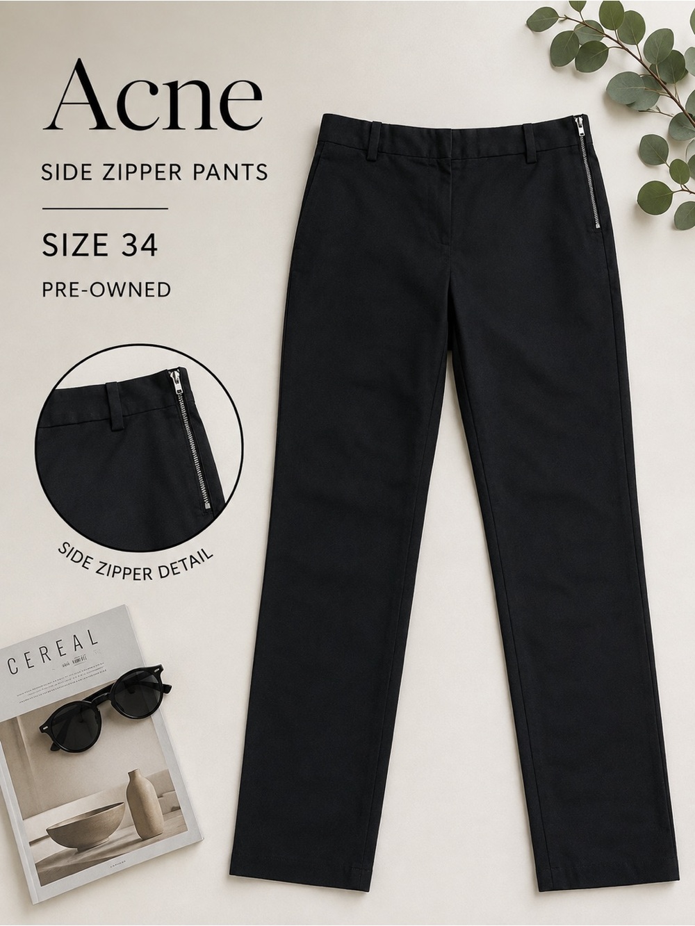 Acne Studios Black Side Zip Black Pants Size 34 Slim Ankle Stretch Career Min